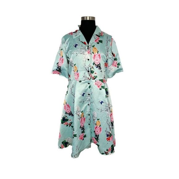 ModCloth Viola M 3X Floral Respectfully Retro Midi Dress In Mint Blossom Blue - Picture 2 of 8